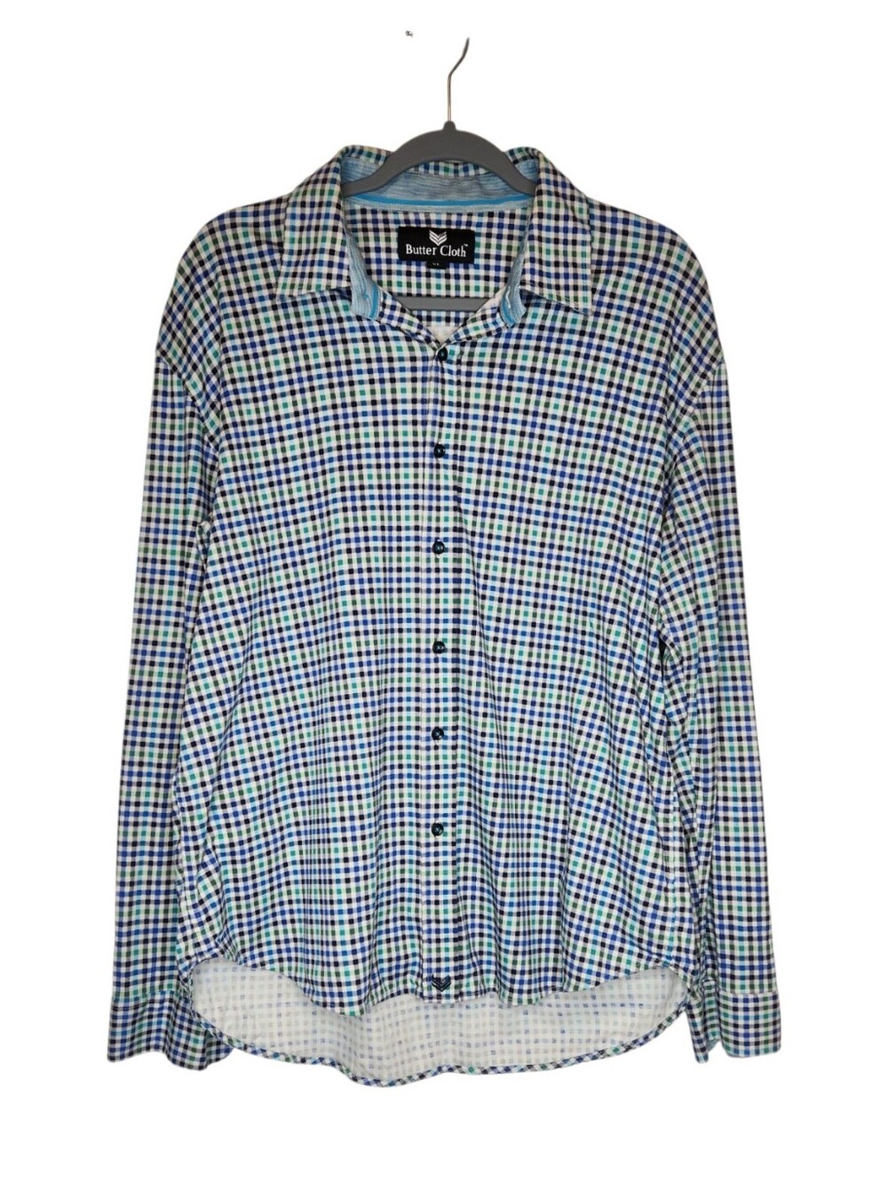Buttercloth Checked Plaid Long Sleeve Button Down Shirt Green Blue Multi XL